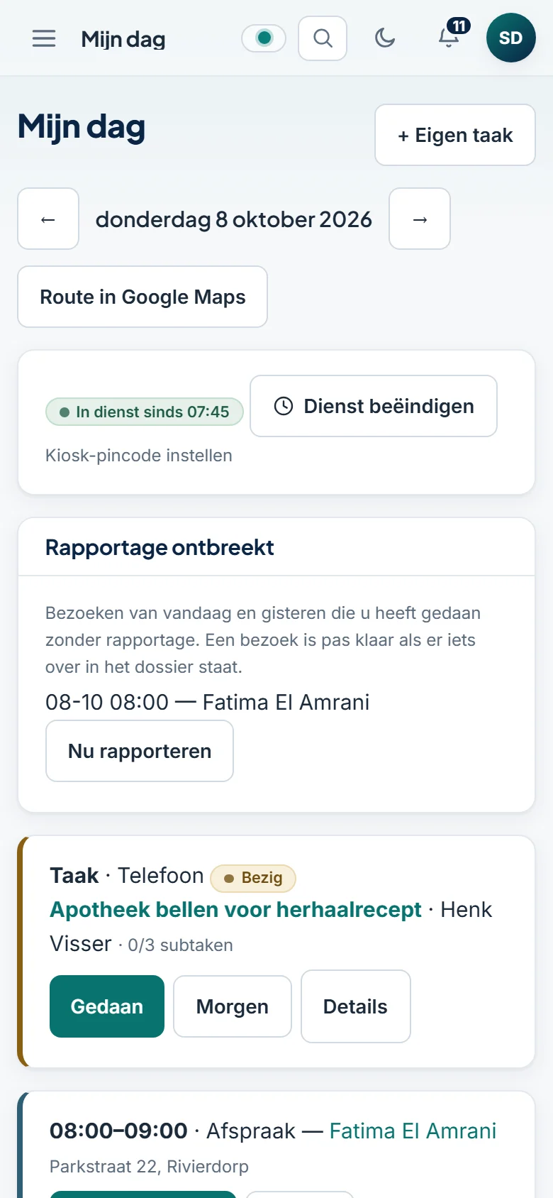 Mijn dag van een zorgverlener op de telefoon